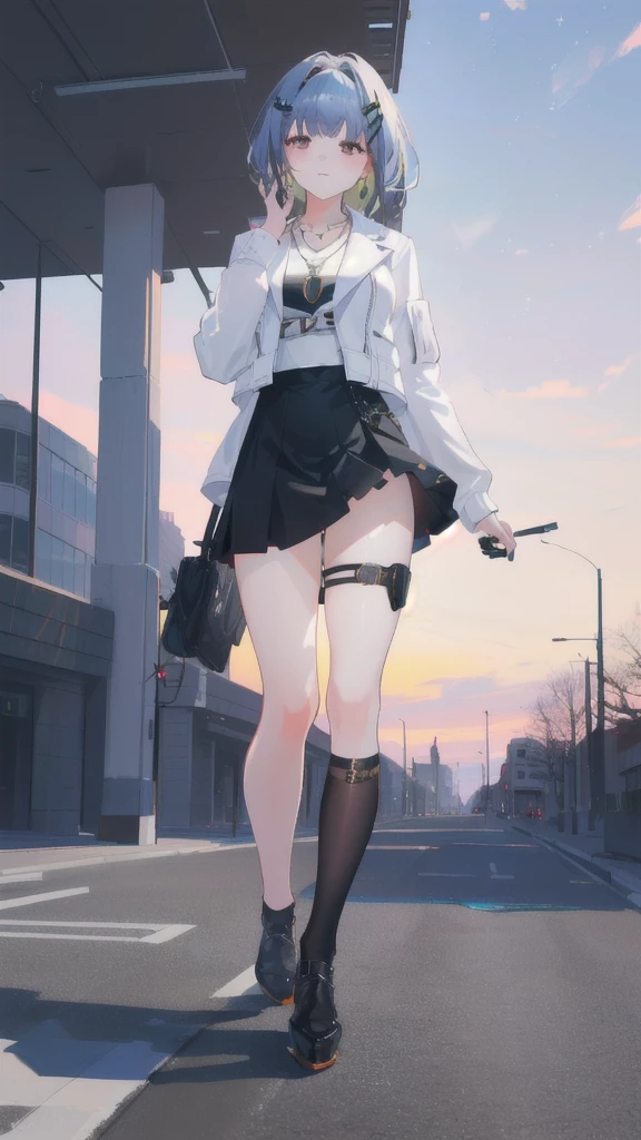 High resolution, high resolution,2D Anime Style,,Cool woman,Mature look,tall,20th Generation,White hair long hair,Curly hair twin tails,Light blue eyes,Gal,Beautiful watch,Beautiful earrings,Beautiful necklace,Wearing a jacket,garter belt,Punk Fashion,He is smiling a little,whole body,Walking around the city,