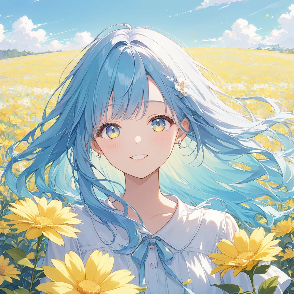 One woman,pastel,Hair Gradient,Yellow and light blue gradation,The base is yellow,The tips of the hair are light blue,Long Hair,Blowing in the Wind,Very refreshing,Fluffy hair,ソフトなpastelタッチ 虹彩異色症,Yellow Eyes(blue eyes),Smiling flower field background,Yellow Flower Masterpiece,Best Quality,Exquisite,8k,Absurd,Ultra-detailed illustrations,(Watch the audience)