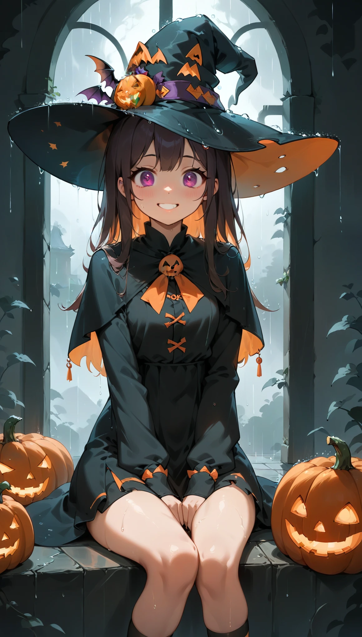 ( Dark Skies, heavy rain, Inside the ruined temple), Alone,Halloween Cosplay,Witch Hat,Wide brim hat,１４age、r、pretty girl, sit、Cute Smile:0.2, ((Jack O&#39;-lanthanum,Orange Pumpkin:1.3､Peeler Candle,))), (Low Angle), (top down), Realistic scale,Significant shrinkage:1.5, (((darkroom:1.3))),