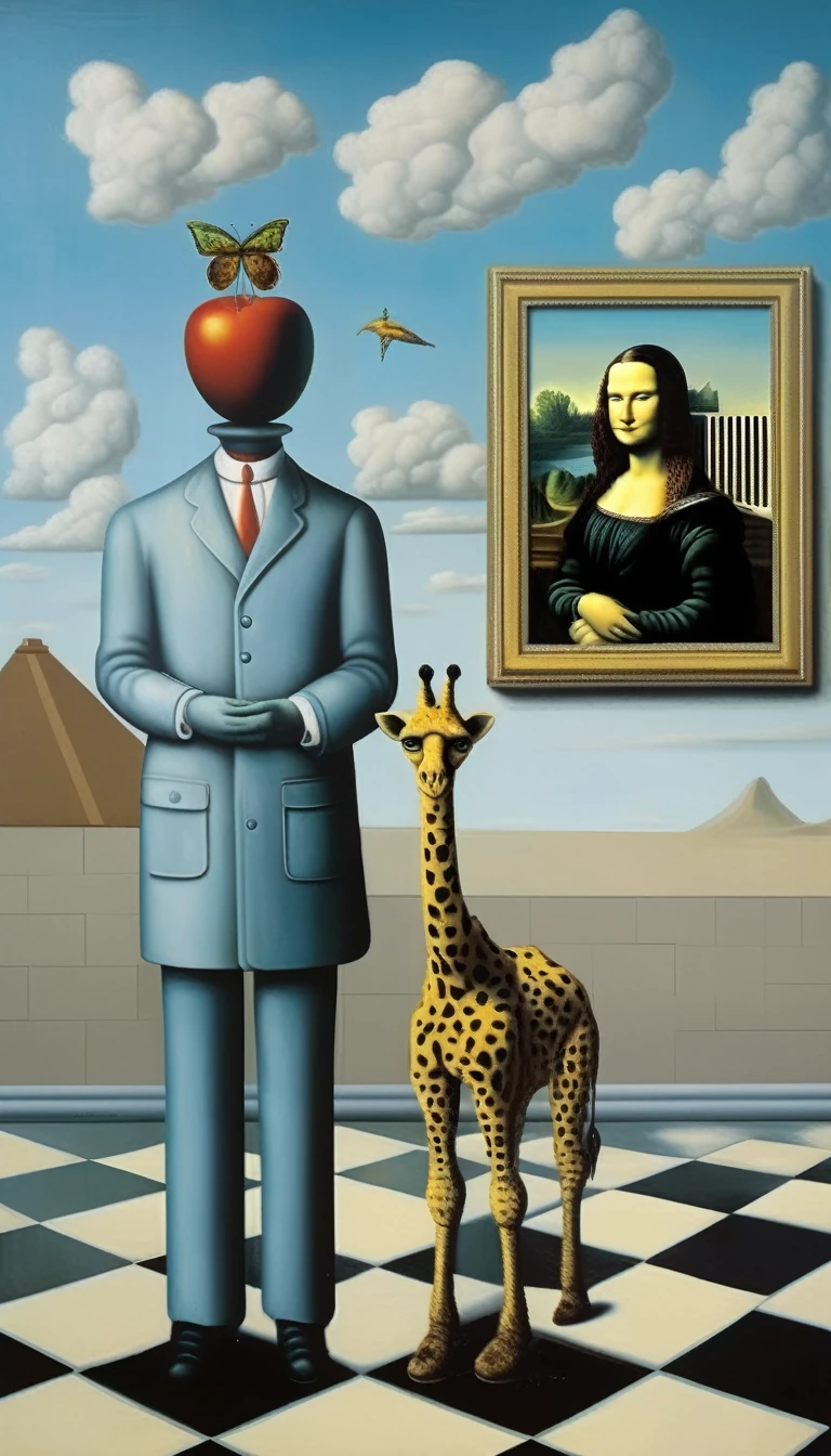 René Magritte Style - A painting in the style of René Magritte on a checkerboard with the Mona Lisa in the background and a robot giraffe 