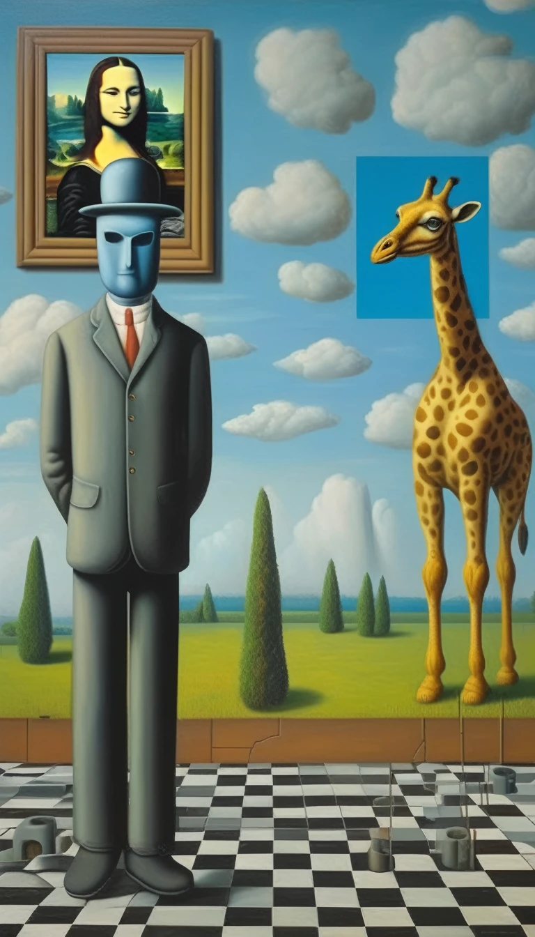 René Magritte Style - A painting in the style of René Magritte on a checkerboard with the Mona Lisa in the background and a robot giraffe 