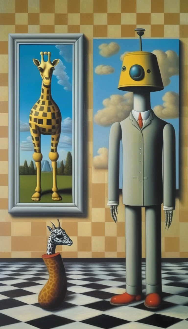 René Magritte Style - A painting in the style of René Magritte on a checkerboard with the Mona Lisa in the background and a robot giraffe 