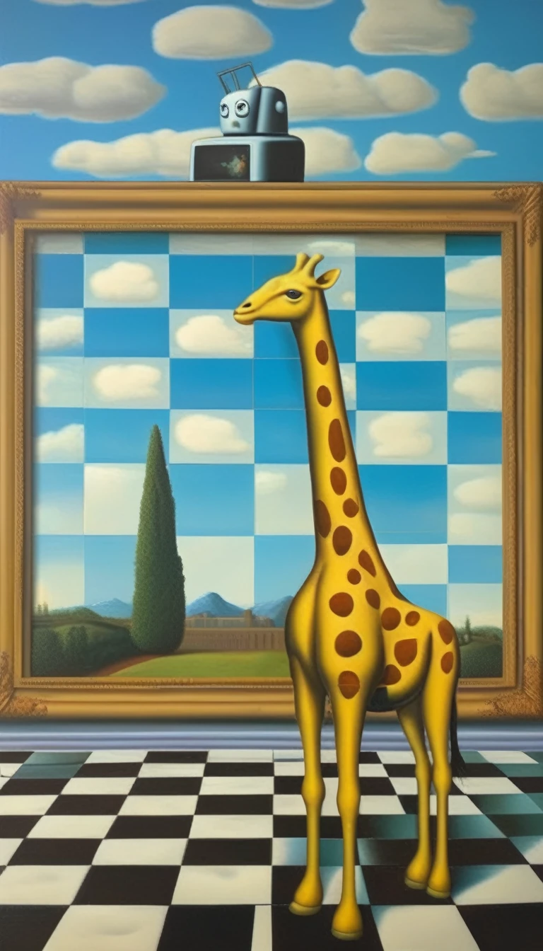 René Magritte Style - A painting in the style of René Magritte on a checkerboard with the Mona Lisa in the background and a robot giraffe 