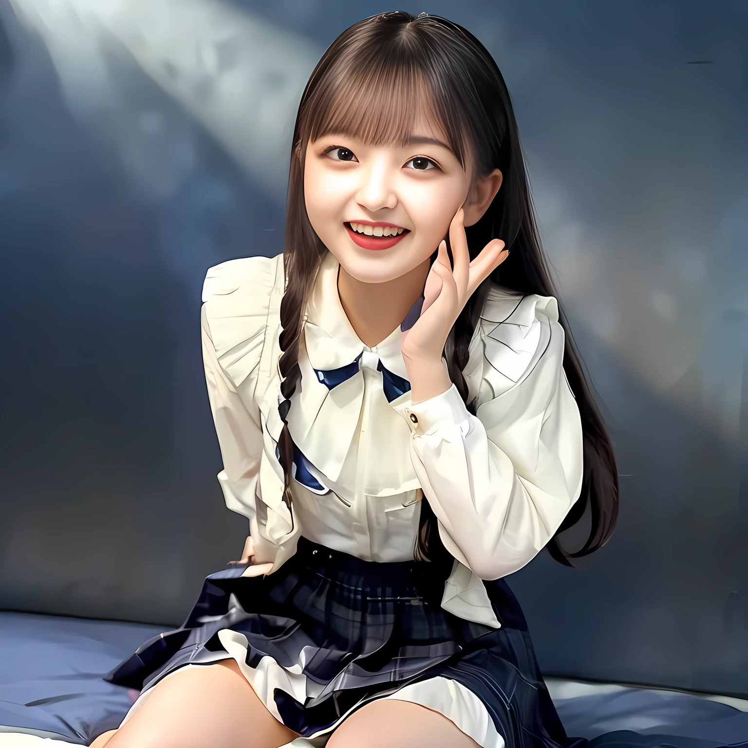 (Highest quality, masterpiece:1.2), Highest quality, High resolution, 1080P, 8k, height: 158cm, (Multiple cute girls: 1.4), (Noble, Japanese yo truly-girly-girl is seated on a blue gorgeous bed and smiling directly at me in school uniform, Looking up at me deeply, blushed shyly, Hypnotizing me with her cuteness: 1.8), looking at the viewer, well-grown breast and nice style, (well arranged, balanced, untied, neat glossy wavy wavy super-long hair), (Half-closed, Very sleepy, Double-deep-eyelids, completely balanced, brown large large dreaming Japanese 12 eyes are looking up to me!, with detailed beautifully: 1.6), (Very-glossy lustrous lips: 1.8), (high nose: 1.2), (Rich and long bottom-eye-slashes), (Drives me crazy for her navy-colored neat tartan plaid blue skirts and make me fall into her navy-colored plaid-print pleats skirt: 1.4), (Fine white-face that looks like she has never been out of home: 1.6), (Noble lolita girly feminine frilled frilled clean frilled white girly long-sleeves blouse: 1.6), (Navy pleated plaid skirt: 1.5), (Plain-white big ribbon on the breast), (The background is a hypnotizing blue bed of evil-succubus background: 1.8), (Girl whom everyone loves because of her beauty and neat school fashion and noble manner and magic-charm of succubus: 1.7), (full body shot from above her head), (jolly face expression), (evenly cut curled glossy rich beautiful bangs: 1.6), (bright light hitting her white-face and skirt clearly beautifully), (Very very large, dreamy, Adorable eyes, Looking deeply at me: 1.5), white-shining skin, (She is touching and straightening her long hair with her both hands: 1.2), (Open laughing mouth like eating me: 1.5)