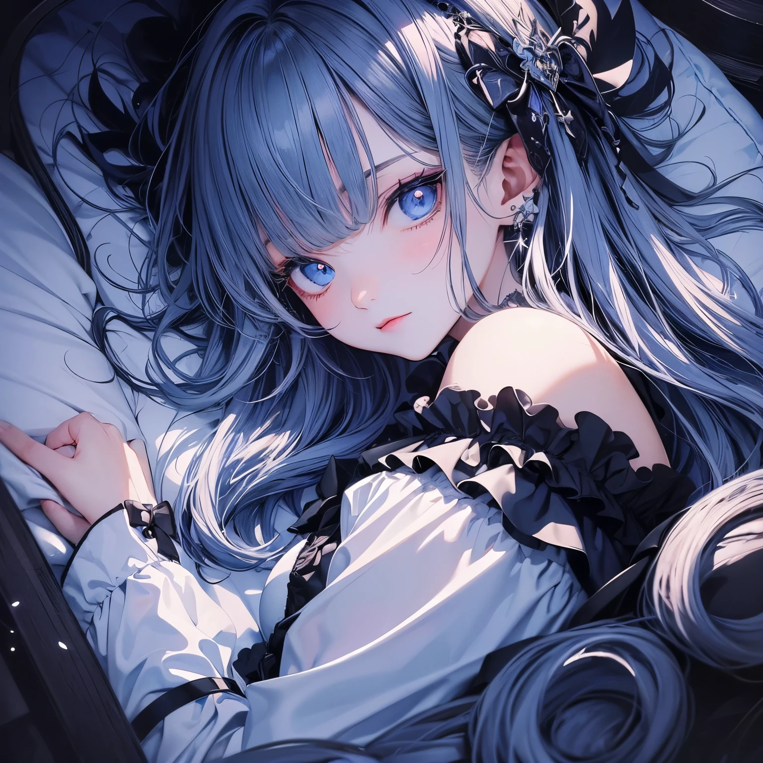 Anime girl with blue eyes laying in bed with white sheets - SeaArt AI