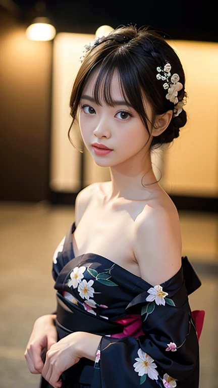 (masterpiece, highest quality:1.4), Beautiful Face, 8k, 85mm, Absurd, (Jet black floral yukata:1.2), Face close-up, violet, Gardenia, Delicate woman, alone, night, View your audience, Upper Body, Film Grain, chromatic aberration, Sharp focus, Face Light, Professional Lighting, Sophisticated, (smile:0.4), (Simple Background, Bokeh Background:1.2), detailed aspects,(Show one breast:1.2)((Very young and immature & Very few & Very flat chest:1.2), (Very small and very shiny shaved pussy:1), 