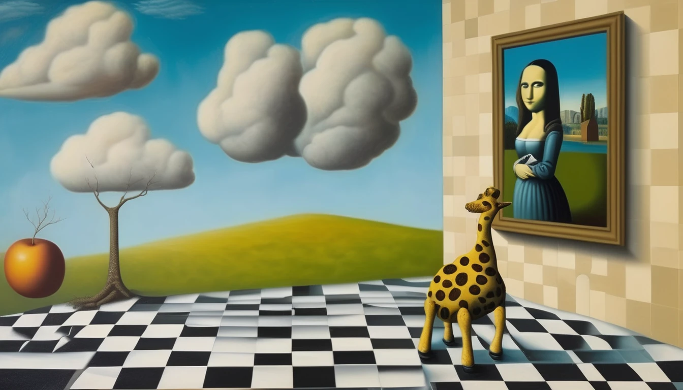 René Magritte Style - A painting in the style of René Magritte on a checkerboard with the Mona Lisa in the background and a robot giraffe 