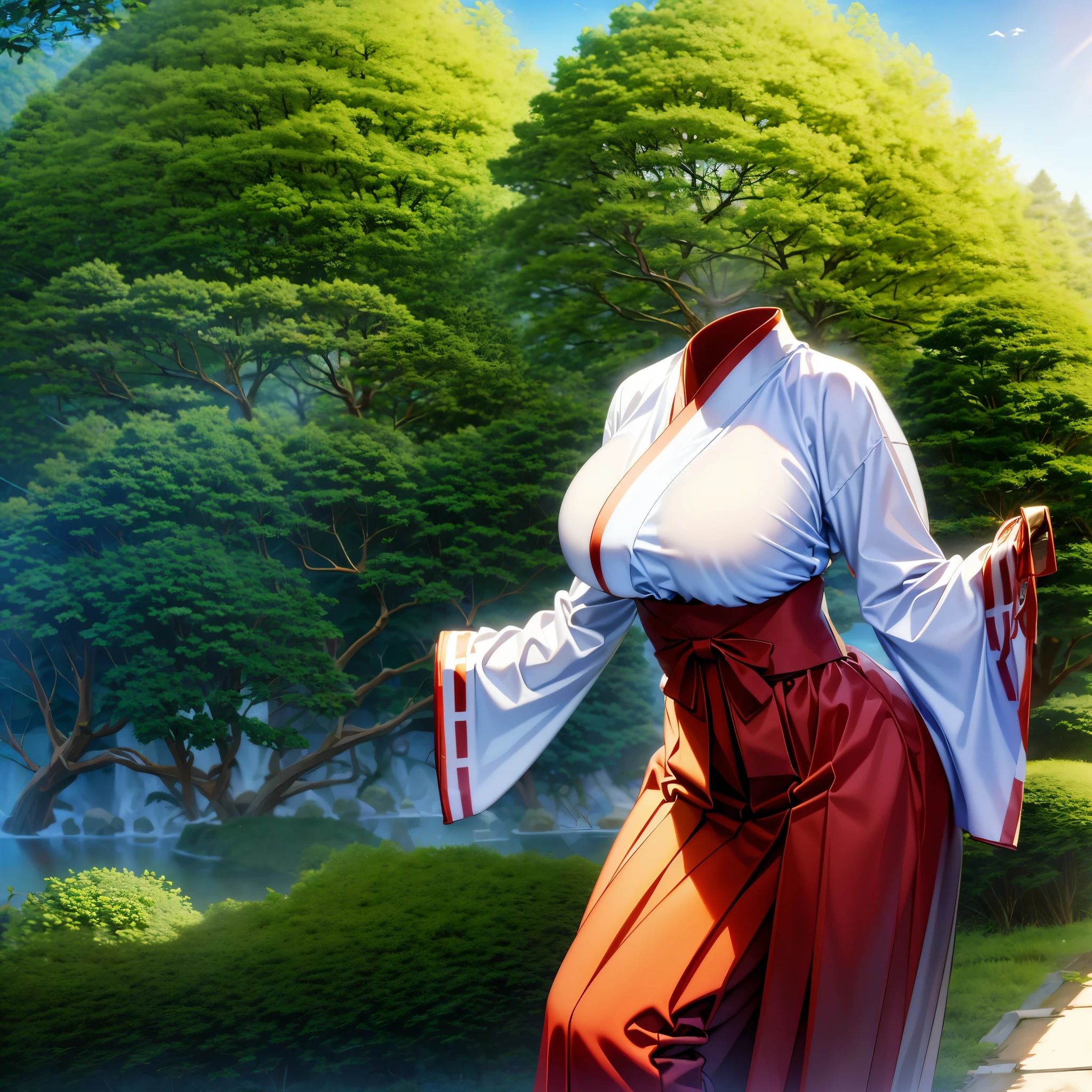 1girl, (invisible:1.5, no humans:1.5, headless:1.5, faceless:1.5), chubby, fat, miko clothes, long hakama, long sleeves, outdoors, walking in forest, sunlight filtering through trees, (close-up shot of breasts), (8k, RAW photo, best quality, masterpiece:1.2), (realistic, photo-realistic:1.37), photon mapping, radiosity, ((Hasselblad photography)), physically-based rendering, leaning forward, waterfall