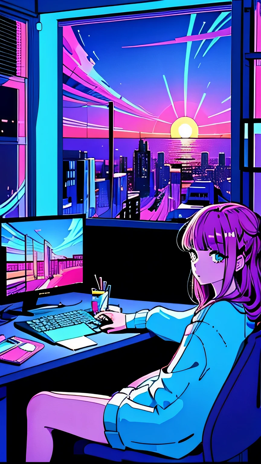 arafed woman sitting at a desk with a laptop in front of a window, anime vibes, lofi girl, watching the sun set. anime, anime aesthetic, anime girl desktop background, lofi artstyle, by Alena Aenami, lofi girl aesthetic, lofi feel, style of alena aenami, inspired by Alena Aenami,