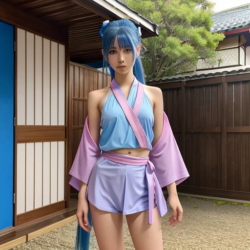 photo lifelike、Realistic garden background with many roses blooming、Young girl in Japan、、short haired、silver haired、Braids、Girls 1 Full Body、small breasts of rounded shape,、、Perfect Body、Beautiful body lines、Japan Cosplayers、Extraordinary、Happy expression、Sweaty skin all over、Girl wearing cosplay costume with very revealing skin、Random Poses、Shanghai Alice、Touhou Project、Sixteen Nights、izayoi sakuya、Blue Maid Outfit、Maid headdress、Half-sleeved、ribbons、the apron、Cosplay hobby、bra less、No panties、Exposure disorder、nacked、 Female nudity、uncensored、Real human breasts、Small nipple rings、mekosji、female pubic-hair、Small buttocks、Sheer visible breasts、Small nipple rings、mekosji、female pubic-hair、Small buttocks、Small nipple ring at the tip of the chest protruding from the cosplay costume、The shape of the mekosuji clearly visible in the crotch protruding from the cosplay costume、Female pubic hair in the crotch protruding from the cosplay costume、、Angle of view with the viewer looking up at the girl from below