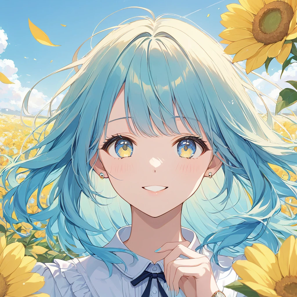 One woman,pastel,Hair Gradient,Yellow and light blue gradation,The base is yellow,The tips of the hair are light blue,Long Hair,Blowing in the Wind,Very refreshing,Fluffy hair,ソフトなpastelタッチ 虹彩異色症,Yellow Eyes(blue eyes),Smiling flower field background,Yellow Flower Masterpiece,Best Quality,Exquisite,8k,Absurd,Ultra-detailed illustrations,(Watch the audience)