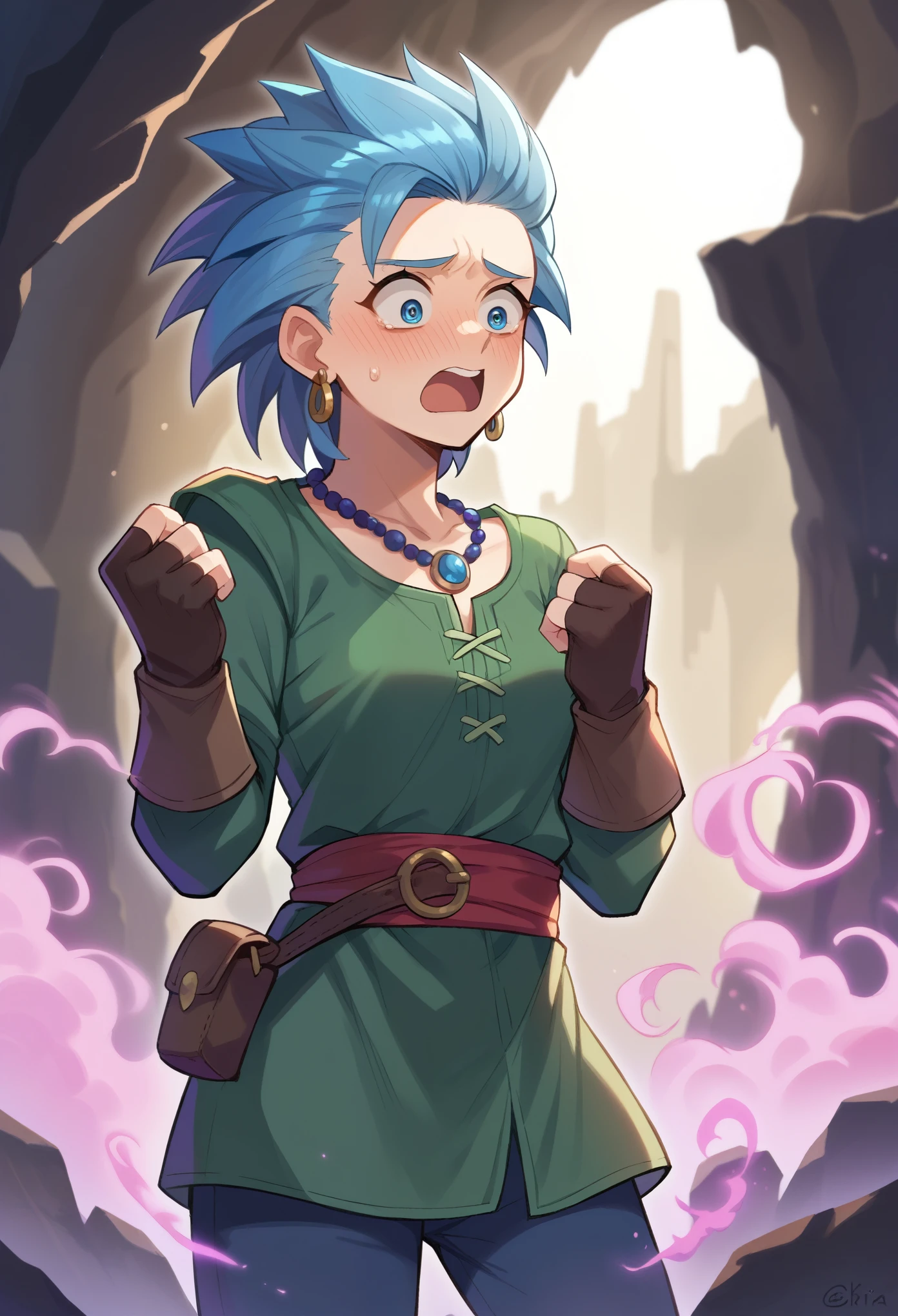 score_9, score_8_up, score_7_up, female focus,  1girl, solo, erik, spiked hair, green tunic, blue eyes, jewelry, earrings, blue hair,  medium hair, necklace, gloves, fingerless gloves, pants, brown gloves, standing, shocked, mist, pink mist, pink smoke, nervous, blushing, looking down, inside a cave, dark cave