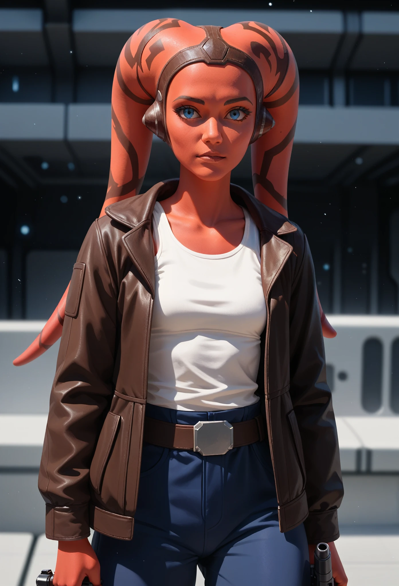 (((light-red skin))) Female Twi'lek (((hera syndulla ))), star wars, , brown jacket. white tank top, standing, solo, holding a blaster. front view, cantina background, small breasts. Hd 4k, 8k, masterpiece.