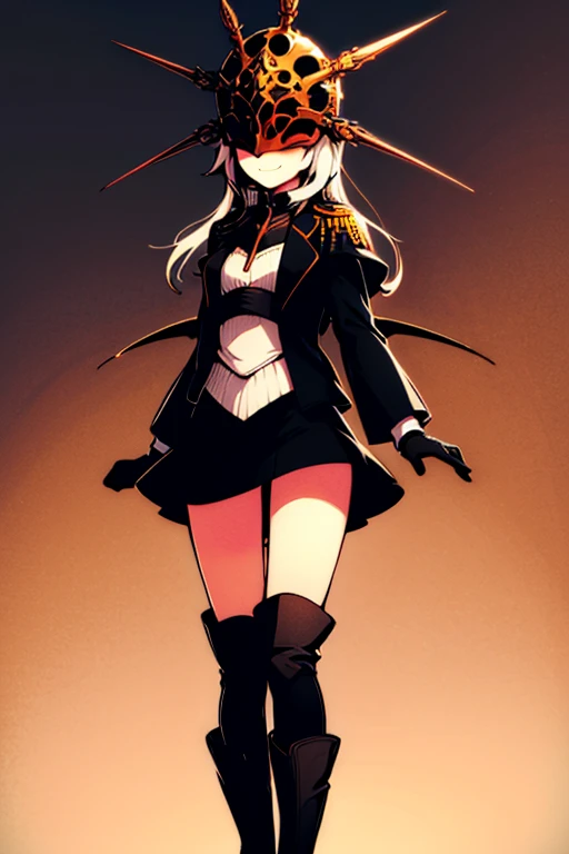 girl, black jacket,short black skirt, black boots, long white hair,Black gloves, little smile, wanted wings, mask.