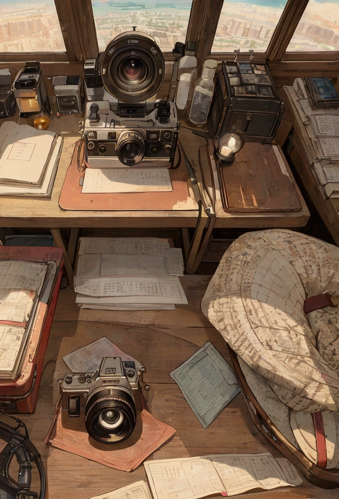 "A close-up of a vintage camera resting on a cluttered wooden desk. The camera has a metallic silver body with a red ring around the lens, capturing a nostalgic, retro feel. Surrounding the camera are scattered travel documents, postcards, and maps, some featuring faded text and images of various locations,camera angle close-up shot, creating a sense of adventure and exploration. The lighting is soft, casting gentle shadows, and the overall color palette is warm with muted tones, blending shades of beige, brown, and soft reds. The style is detailed and realistic, with a slight artistic, hand-drawn effect, making the scene feel like a mix of illustration and photography. The setting conveys a vintage aesthetic and a love for travel and photography."