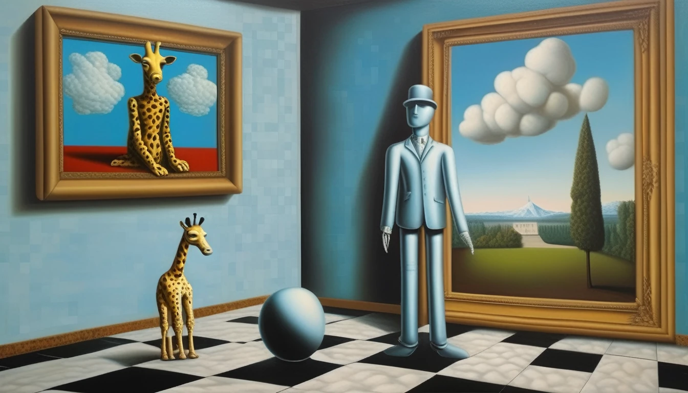 René Magritte Style - A painting in the style of René Magritte on a checkerboard with the Mona Lisa in the background and a robot giraffe 