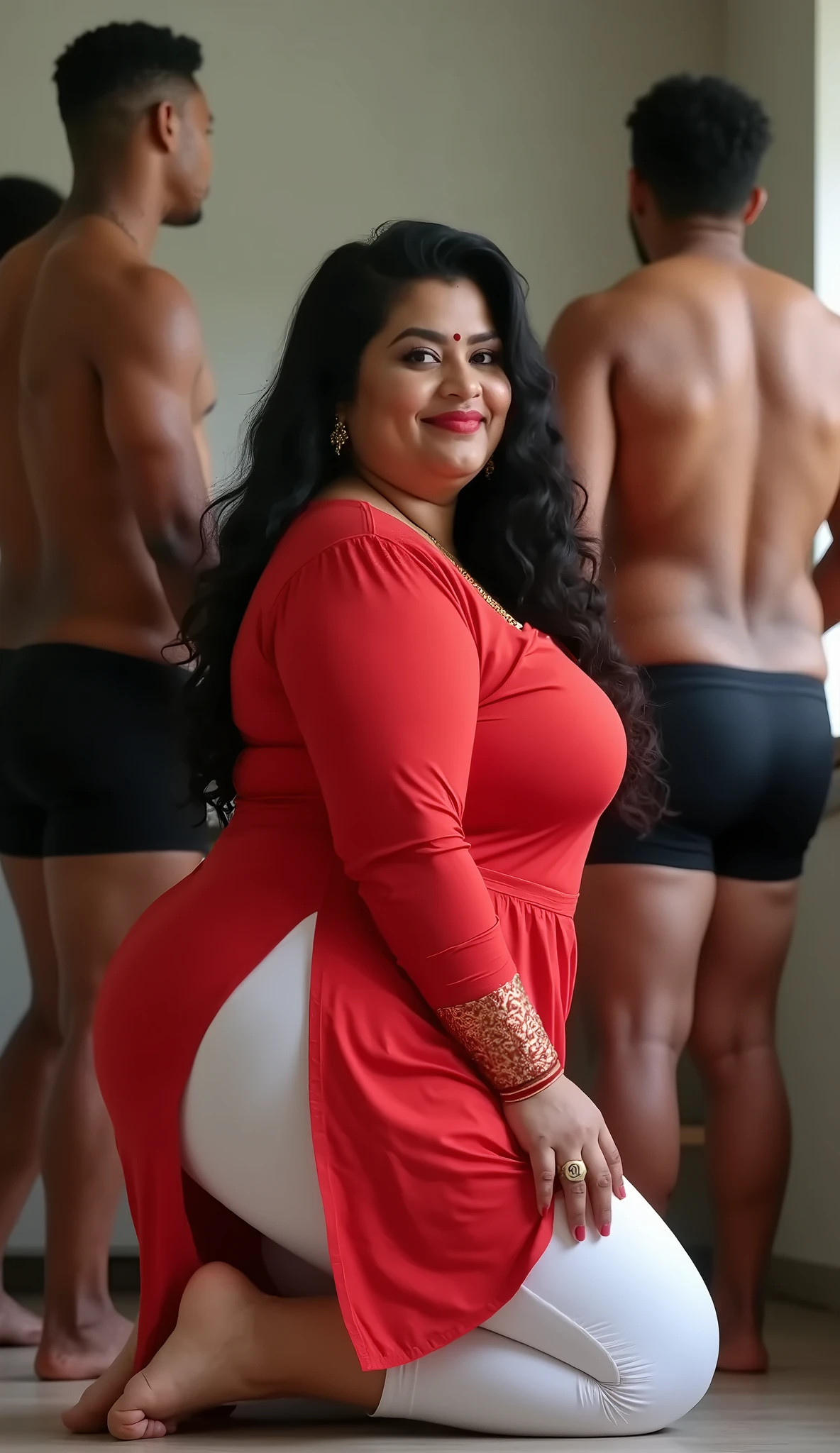 Chubby fat thic bbw indian mature (70 years old) woman, long black hair,chubby belly, shaved pussy, naked, Pearl necklace, in ghetto apartment shower, kneeling,boyfriend hugging from behind, 4 men watching, kissing with boyfriend, heterosexual couple, 4 horny men showing hard penis,wet body, covered with thic white semen,vaginal penetration, xxx, several man, romantic, love, view from the side