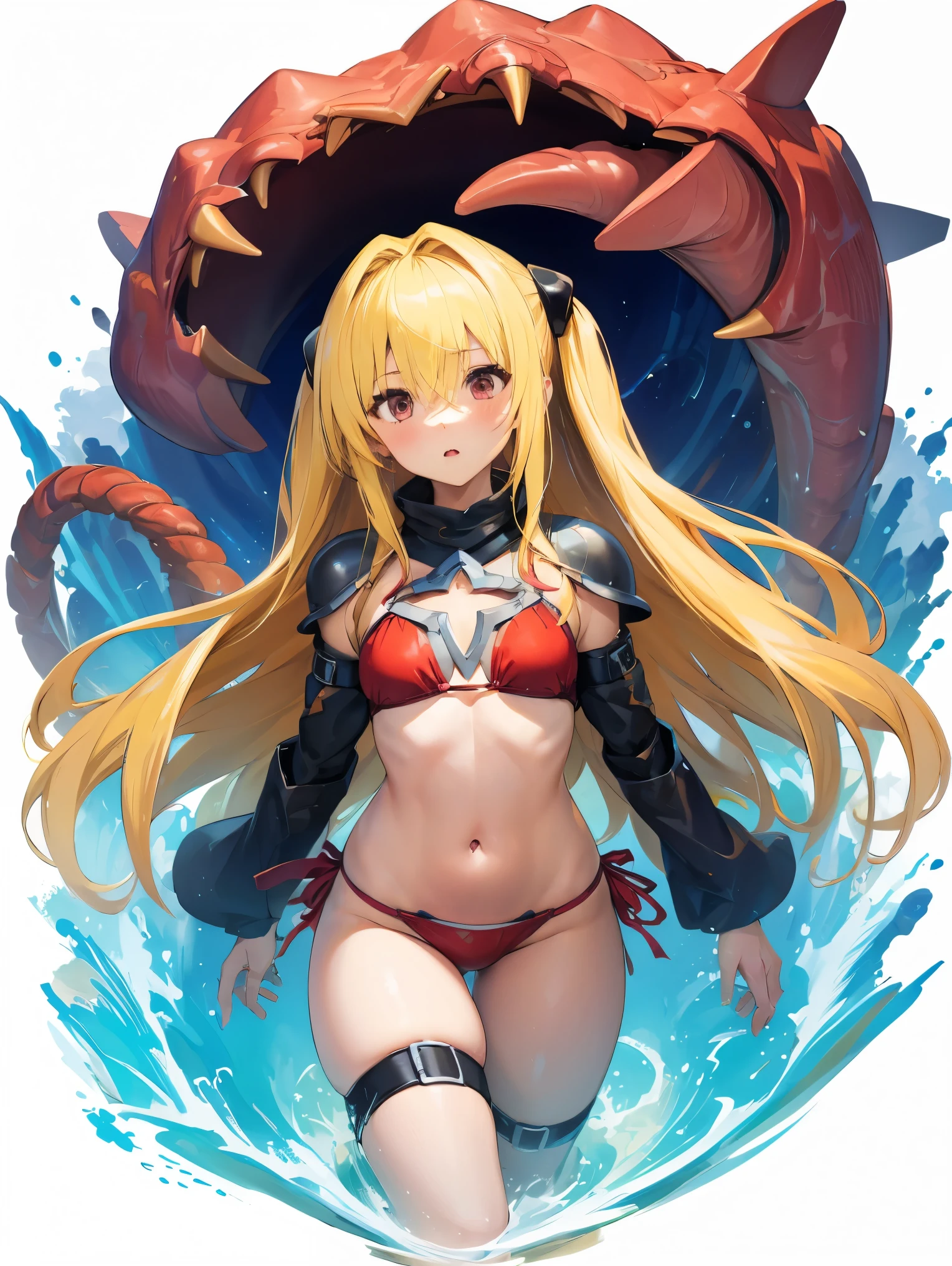 1girl, golden_darkness, long hair, very long hair, two side up, hair ornament, medium breasts, hair intakes, hair between eyes, golden_darkness, long hair, very long hair, two side up, ((blonde hair:1.5)) with、Red Bikini Armor、s Armor、entangled in tentacles、Meat wall、panties small、Small pants、ck、Open your crotch、opening legs、opens legs、Womb、embarrassed from