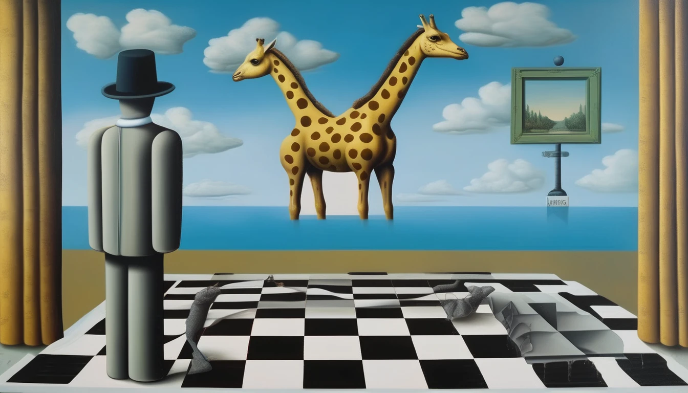 René Magritte Style - A painting in the style of René Magritte on a checkerboard with the Mona Lisa in the background and a robot giraffe 