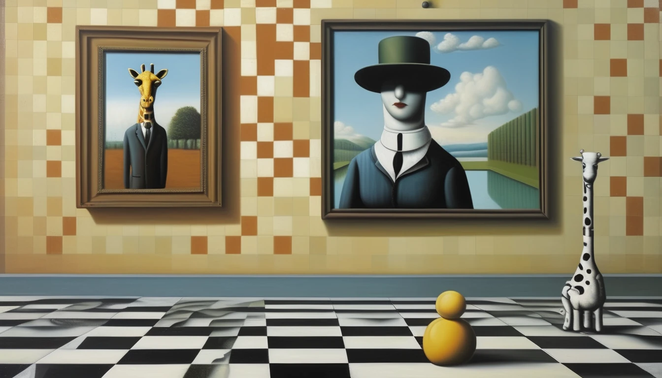 René Magritte Style - A painting in the style of René Magritte on a checkerboard with the Mona Lisa in the background and a robot giraffe 