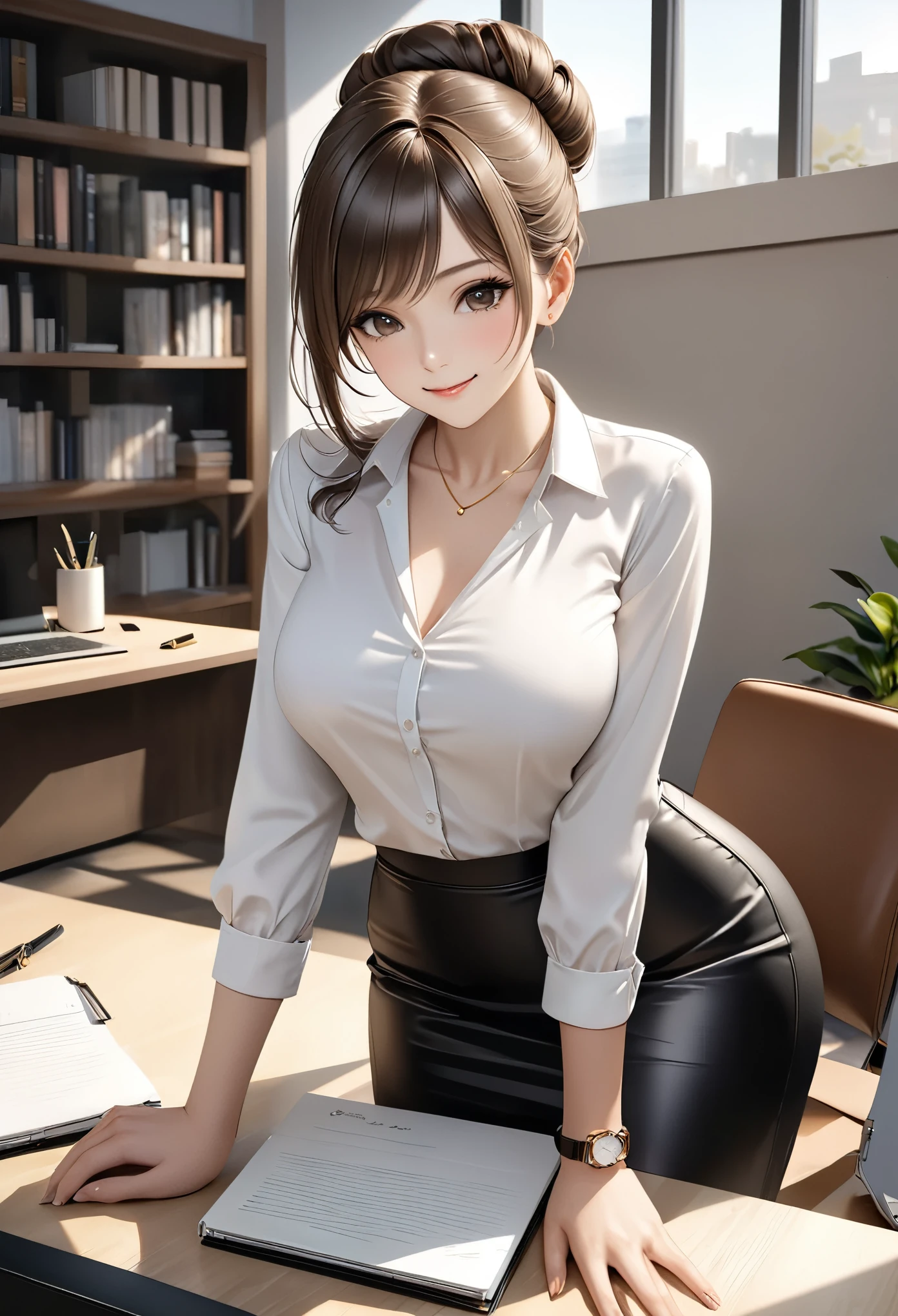 "A beautiful, elegant secretary sitting at her modern glass desk in a professional office environment. She has flawless, smooth skin, long silky brown hair neatly tied in a bun, soft brown eyes, and a warm, welcoming smile. She wears a fitted, professional white silk blouse paired with a sleek black pencil skirt, minimalist gold necklace, and a classic wristwatch. She holds a pen and a leather notebook. The backdrop features a modern office with large windows allowing soft natural light, a laptop open in front of her, potted plants, and a bookshelf in the background. Soft natural lighting creates gentle highlights and shadows, enhancing the professional and elegant atmosphere. Photorealistic, 8K, ultra-detailed, realistic skin textures, and high-quality rendering."