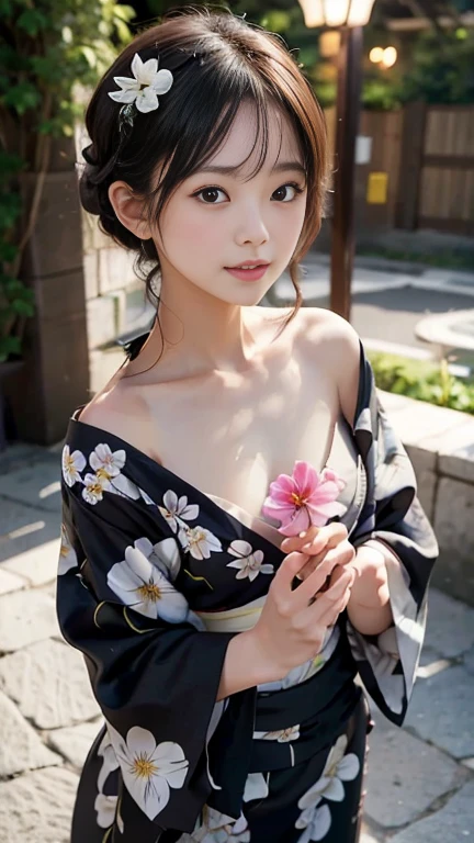 (masterpiece, highest quality:1.4), Beautiful Face, 8k, 85mm, Absurd, (Jet black floral yukata:1.2), Face close-up, violet, Gardenia, Delicate woman, alone, night, View your audience, Upper Body, Film Grain, chromatic aberration, Sharp focus, Face Light, Professional Lighting, Sophisticated, (smile:0.4), (Simple Background, Bokeh Background:1.2), detailed aspects,(Show one breast:1.2)((flat chest:1.2), sfw