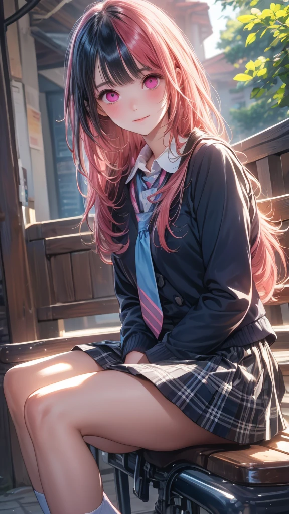 1 Girl, Hoshino (Blue Files), Solitary, Heterochromia, Pink Hair, skirt, Long hair, tie, Ahog, shirt, Halo, grids skirt, Blue Eyes, grids,  Looking at the audience, white shirt, Sitting, Orange eyes, chest Horse harness, Horse harness, Long sleeve, ID card, Open your mouth, very Long hair, collared shirt, Smile, blue tie, Bangs, Feet out of frame, Between the legs, hand Between the legs, blush, Hair between the eyes, high resolution,masterpiece, Best quality