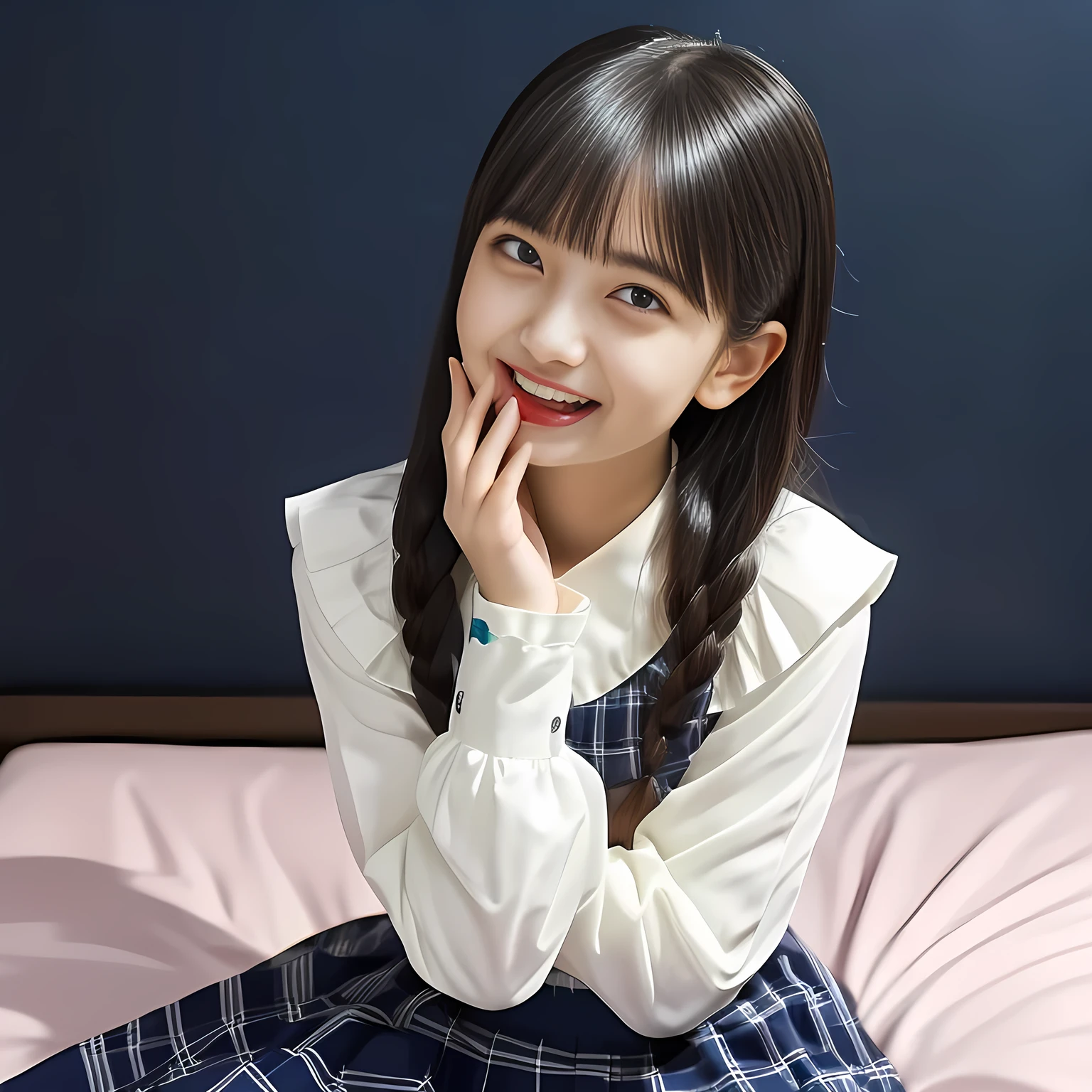 (Highest quality, masterpiece:1.2), Highest quality, High resolution, 1080P, 8k, height: 158cm, (Multiple cute girls: 1.4), (Noble, Japanese **** truly-girly-girl is seated on a blue gorgeous bed and smiling directly at me in school uniform, Looking up at me deeply, blushed shyly, Hypnotizing me with her cuteness: 1.8), looking at the viewer, well-grown breast and nice style, (well arranged, balanced, untied, neat glossy wavy wavy super-long hair), (Half-closed, Very sleepy, Double-deep-eyelids, completely balanced, brown large large dreaming Japanese **** eyes are looking up to me!, with detailed beautifully: 1.6), (Very-glossy lustrous lips: 1.8), (high nose: 1.2), (Rich and long bottom-eye-slashes), (Drives me crazy for her navy-colored neat tartan plaid blue skirts and make me fall into her navy-colored plaid-print pleats skirt: 1.4), (Fine white-face that looks like she has never been out of home: 1.6), (Noble ****ta girly feminine frilled frilled clean frilled white girly long-sleeves blouse: 1.6), (Navy pleated plaid skirt: 1.5), (Plain-white big ribbon on the breast), (The background is a hypnotizing blue bed of evil-succubus background: 1.8), (Girl whom everyone loves because of her beauty and neat school fashion and noble manner and magic-charm of succubus: 1.7), (full body shot from above her head), (jolly face expression), (evenly cut curled glossy rich beautiful bangs: 1.6), (bright light hitting her white-face and skirt clearly beautifully), (Very very large, dreamy, Adorable eyes, Looking deeply at me: 1.5), white-shining skin, (She is touching her lips with her both hands finger: 1.2), (Open laughing mouth like eating me: 1.5)