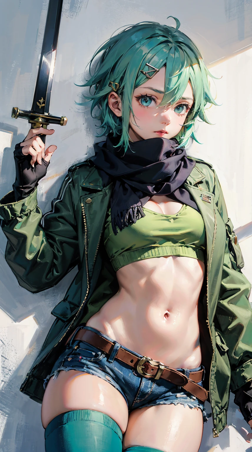 (masterpiece), Highest quality, Expressive eyes, Perfect Face, High resolution, Chinon 1, A long white scarf with a black line down the middle, Fingerless gloves, Long sleeve, Short shorts, hair ornaments, Hair Clip, Green knee socks,Short green jacket, Thigh straps, Field, ,Hard boots ruins background, Destroyed building, Are standing, Portraiture, Looking at the audience, (From above:2)