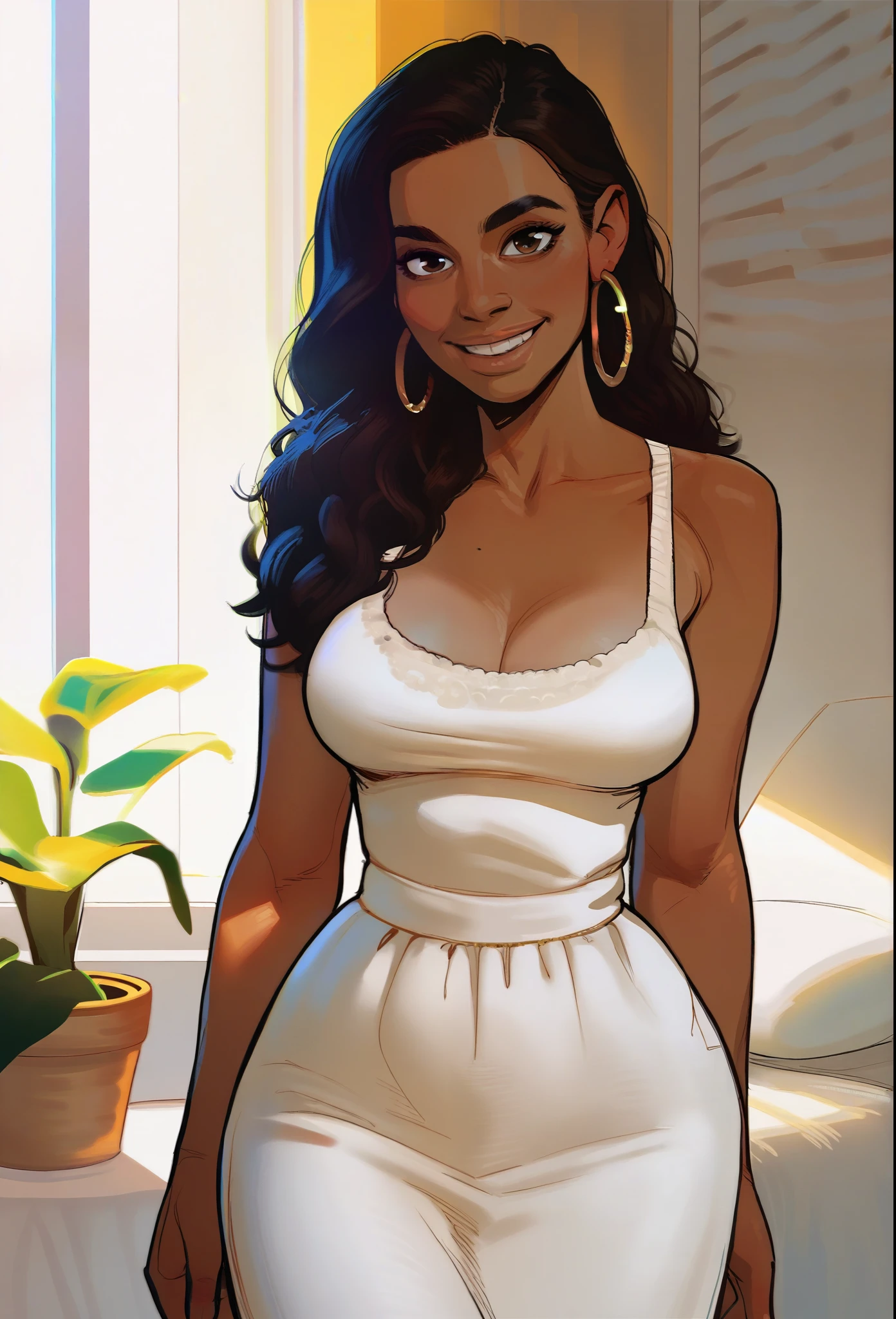 score_9, score_8_up, score_7_up, score_6_up, score_5_up, score_4_up, Melpomene, 1girl, brown eyes, black hair, white chiton dress, white arm drapes, side slit, high heels, in Greece goddess bedroom, seductive smile, aroused, bare shoulders, covered nipples, squeezing breasts together, on fours, open mouth,