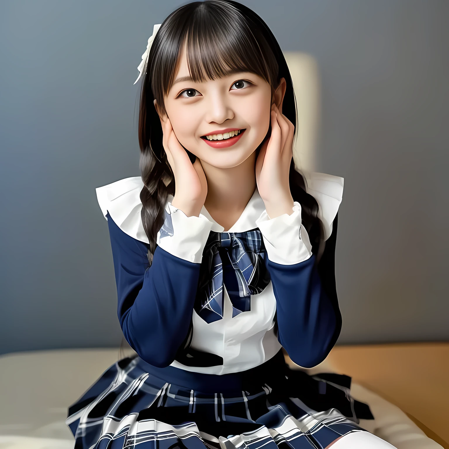 (Highest quality, masterpiece:1.2), Highest quality, High resolution, 1080P, 8k, height: 158cm, (Multiple cute girls: 1.4), (Noble, Japanese **** truly-girly-girl is seated on a blue gorgeous bed and smiling directly at me in school uniform, Looking up at me deeply, blushed shyly, Hypnotizing me with her cuteness: 1.8), looking at the viewer, well-grown breast and nice style, (well arranged, balanced, untied, neat glossy wavy wavy super-long hair), (Half-closed, Very sleepy, Double-deep-eyelids, completely balanced, brown large large dreaming Japanese **** eyes are looking up to me!, with detailed beautifully: 1.6), (Very-glossy lustrous lips: 1.8), (high nose: 1.2), (Rich and long bottom-eye-slashes), (Drives me crazy for her navy-colored neat tartan plaid blue skirts and make me fall into her navy-colored plaid-print pleats skirt: 1.4), (Fine white-face that looks like she has never been out of home: 1.6), (Noble ****ta girly feminine frilled frilled clean frilled white girly long-sleeves blouse: 1.6), (Navy pleated plaid skirt: 1.5), (Plain-white big ribbon on the breast), (The background is a hypnotizing blue bed of evil-succubus background: 1.8), (Girl whom everyone loves because of her beauty and neat school fashion and noble manner and magic-charm of succubus: 1.7), (full body shot from above her head), (jolly face expression), (evenly cut curled glossy rich beautiful bangs: 1.6), (bright light hitting her white-face and skirt clearly beautifully), (Very very large, dreamy, Adorable eyes, Looking deeply at me: 1.5), white-shining skin, (She is touching her lips with her both hands finger: 1.2), (Open laughing mouth like eating me: 1.5), (World of succubus atmosphere)