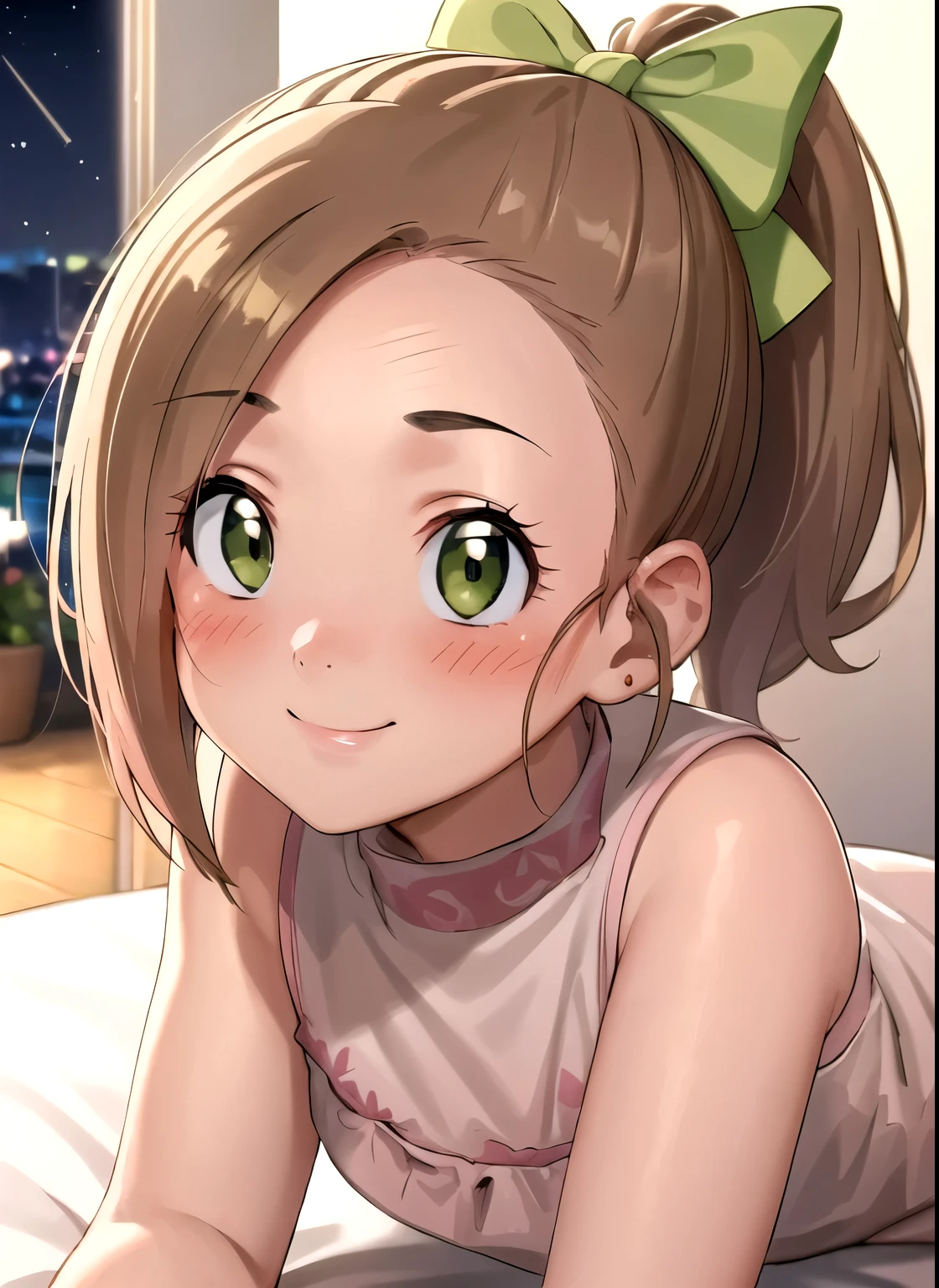 best quality, (masterpiece),(ultra-detailed), (high quality), (high resolution), Kluke, green eyes, ponytail, hair bow, 1girl, solo, smile, livingroom, night, (white skin), (blush:1.3),