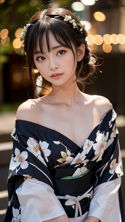 (masterpiece, highest quality:1.4), Beautiful Face, 8k, 85mm, Absurd, (Jet black floral yukata:1.2), Face close-up, violet, Gardenia, Delicate woman, alone, night, View your audience, Upper Body, Film Grain, chromatic aberration, Sharp focus, Face Light, Professional Lighting, Sophisticated, (smile:0.4), (Simple Background, Bokeh Background:1.2), detailed aspects,(Show one breast:1.2)((flat chest:1.2), sfw