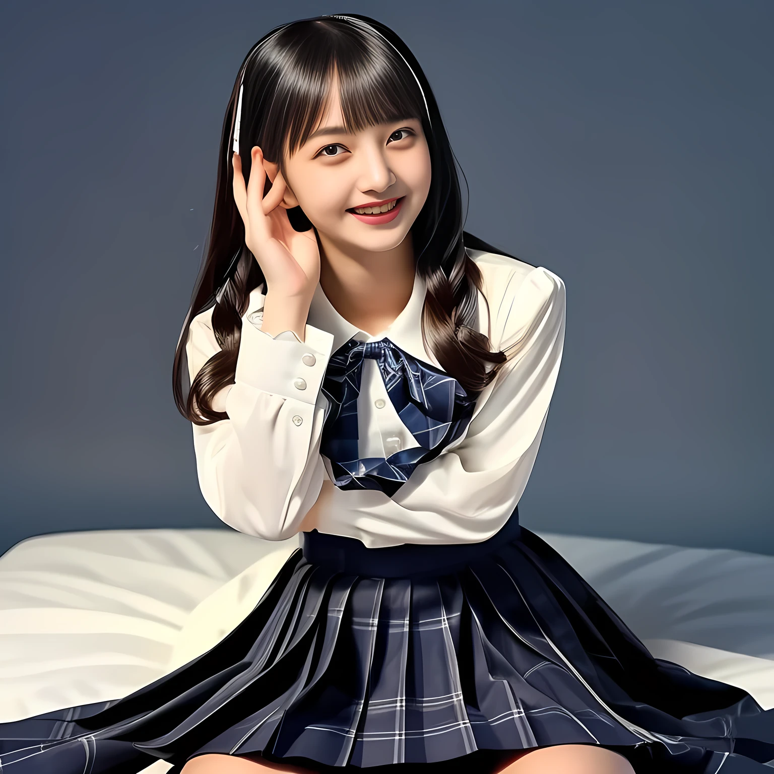 (Highest quality, masterpiece:1.2), Highest quality, High resolution, 1080P, 8k, height: 158cm, (Multiple cute girls: 1.4), (Noble, Japanese **** truly-girly-girl is seated on a blue gorgeous bed and smiling directly at me in school uniform, Looking up at me deeply, blushed shyly, Hypnotizing me with her cuteness: 1.8), looking at the viewer, well-grown breast and nice style, (well arranged, balanced, untied, neat glossy wavy wavy super-long hair), (Half-closed, Very sleepy, Double-deep-eyelids, completely balanced, brown large large dreaming Japanese **** eyes are looking up to me!, with detailed beautifully: 1.6), (Very-glossy lustrous lips: 1.8), (high nose: 1.2), (Rich and long bottom-eye-slashes), (Drives me crazy for her navy-colored neat tartan plaid blue skirts and make me fall into her navy-colored plaid-print pleats skirt: 1.4), (Fine white-face that looks like she has never been out of home: 1.6), (Noble ****ta girly feminine frilled frilled clean frilled white girly long-sleeves blouse: 1.6), (Navy pleated plaid skirt: 1.5), (Plain-white big ribbon on the breast), (The background is a hypnotizing blue bed of evil-succubus background: 1.8), (Girl whom everyone loves because of her beauty and neat school fashion and noble manner and magic-charm of succubus: 1.7), (full body shot from above her head), (jolly face expression), (evenly cut curled glossy rich beautiful bangs: 1.6), (bright light hitting her white-face and skirt clearly beautifully), (Very very large, dreamy, Adorable eyes, Looking deeply at me: 1.5), white-shining skin, (She is touching her lips with her both hands finger: 1.2), (Open laughing like licking me shyly: 1.5), (World of succubus atmosphere)