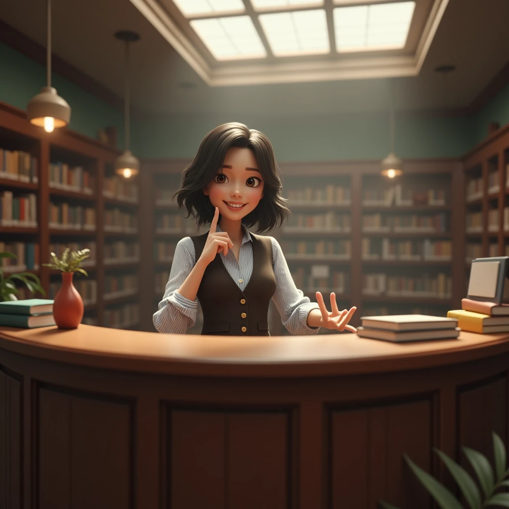 A female librarian in a library, Working at the reception counter, Place one index finger in front of one&#39;s lips, With a smile on his face, A large rounded desk surrounded by returned books, Sitting on a chair, I&#39;m watching her work from above., White shirt with blue stripes, Dark brown business vest, Wearing dark brown slacks, A relaxing library, A soft light shines through the skylight, Fine dust dancing gently in the light, Cinematic Lighting, (Best Quality, 4K, 8k, High resolution, masterpiece:1.2), Very detailed, (Real, Photorealistic, Photorealistic:1.37)