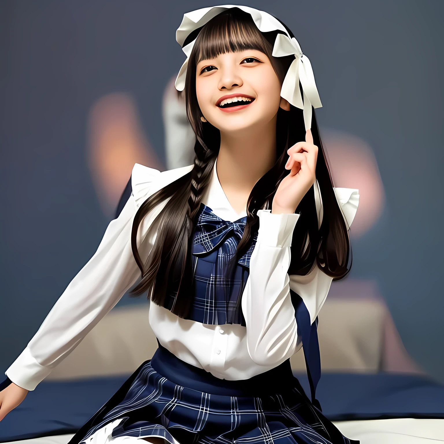 (Highest quality, masterpiece:1.2), Highest quality, High resolution, 1080P, 8k, height: 158cm, (Multiple cute girls: 1.4), (Noble, Japanese **** truly-girly-girl is seated on a blue gorgeous bed and smiling directly at me in school uniform, Looking up at me deeply, blushed shyly, Hypnotizing me with her cuteness: 1.8), looking at the viewer, well-grown breast and nice style, (well arranged, balanced, untied, neat glossy wavy wavy super-long hair), (Half-closed, Very sleepy, Double-deep-eyelids, completely balanced, brown large large dreaming Japanese **** eyes are looking up to me!, with detailed beautifully: 1.6), (Very-glossy lustrous lips: 1.8), (high nose: 1.2), (Rich and long bottom-eye-slashes), (Drives me crazy for her navy-colored neat tartan plaid blue skirts and make me fall into her navy-colored plaid-print pleats skirt: 1.4), (Fine white-face that looks like she has never been out of home: 1.6), (Noble ****ta girly feminine frilled frilled clean frilled white girly long-sleeves blouse: 1.6), (Navy pleated plaid skirt: 1.5), (Plain-white big ribbon on the breast), (The background is a hypnotizing blue bed of evil-succubus background: 1.8), (Girl whom everyone loves because of her beauty and neat school fashion and noble manner and magic-charm of succubus: 1.7), (full body shot from above her head), (jolly face expression), (evenly cut curled glossy rich beautiful bangs: 1.6), (bright light hitting her white-face and skirt clearly beautifully), (Very very large, dreamy, Adorable eyes, Looking deeply at me: 1.5), white-shining skin, (She is touching her lips with her both hands finger: 1.2), (Open laughing like licking me shyly: 1.5), (World of succubus atmosphere)