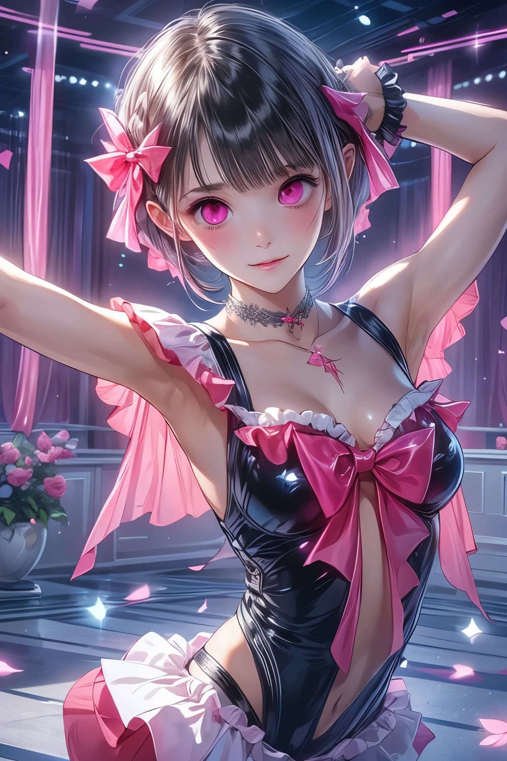 （（（ＳＦＷ、sound、Highest quality、First Class、masterpiece、Normal body、8k、Detailed face、Ultra-precision、Normal hand、Normal finger、Highest）））、beautiful girl、Silver Hair、Shortcuts、Bobcut、Small breasts、White high leg leotard、Colorful frill mini skirt、Ribbon on the right side of the head、Frill ribbon on chest、Large frill ribbon on the back、Hinako Shirai - Blue Reflection -、Transformation、Magical Girl、aphrodisiac、Estrus、Embarrassing、Open your mouth、Collar to Hinako、Mouth Opening、Ahegao、Panting、Obedience、Right hand pussy、Left hand nipple、orgasm、Shake、be scared、連続orgasm、強制orgasm、10x Sensitivity、Constant Pleasure、sensitive、Nipple erection、Grief、obscene、impatience、confusion、Give up、humiliation、fear、shame、blush、I hate it、I feel it、Hypnotic state、Hypnotic、Mysteriously shining eyes、Forced masturbation、Forced Dance、Masturbation dance、Masturbation Ballet、Lift your legs、Leg spread、Unstoppable、Eternal Dance、Strip Dance、Dance while undressing、Strip Ballet、Sexy Dance、Sexy pose、Embarrassing姿勢、Sexy pose