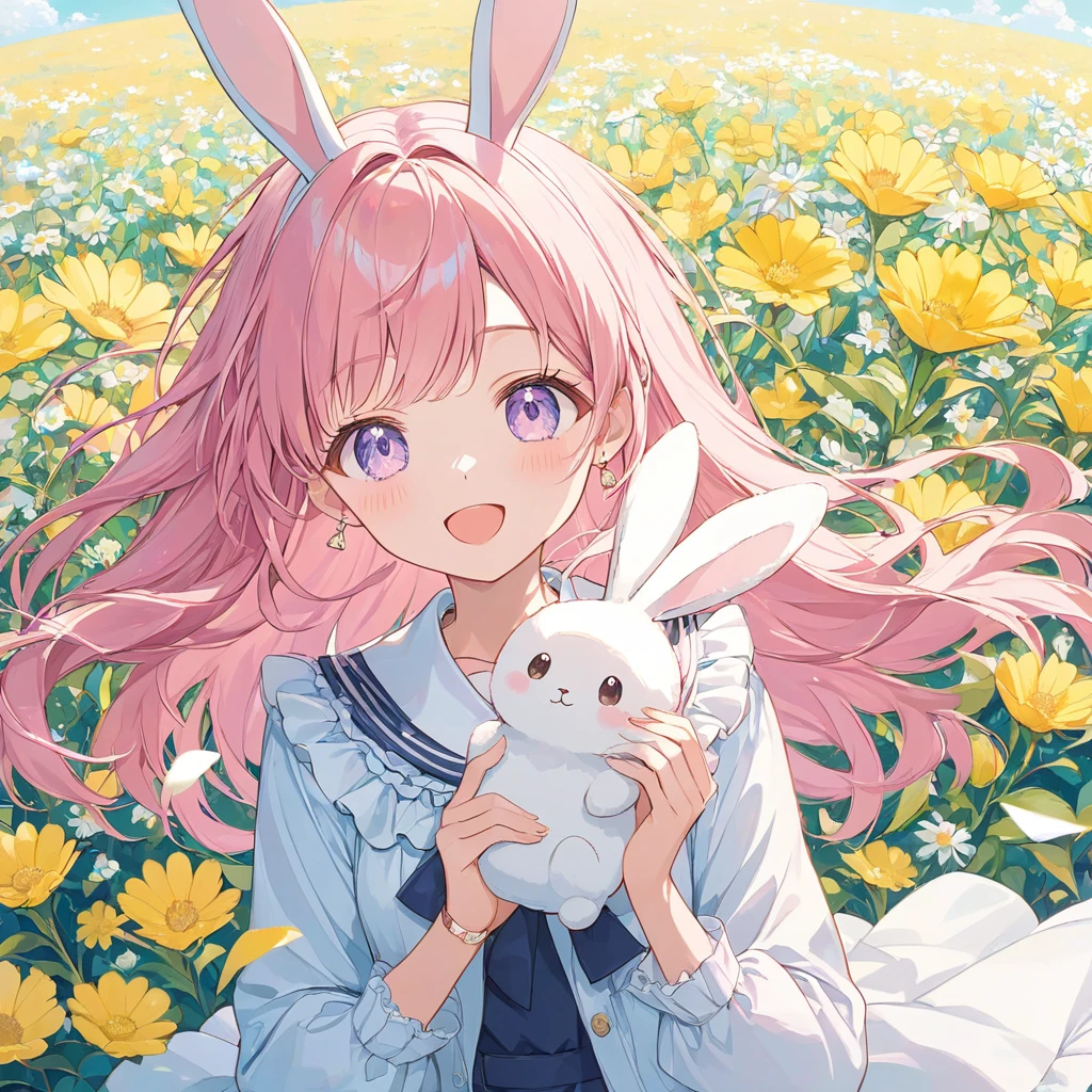 One woman,pastel,Pink Hair,Long Hair,Blowing in the Wind,Very refreshing,Fluffy hair,ソフトなpastelタッチ 目を閉じて,Triangular Mouth,Cartoony,The best smile,A good scene,Holding a white rabbit Flower field background,Yellow Flower,A masterpiece in the light,Best Quality,Exquisite,8k,Absurd,Ultra-detailed illustrations,(Watch the audience)