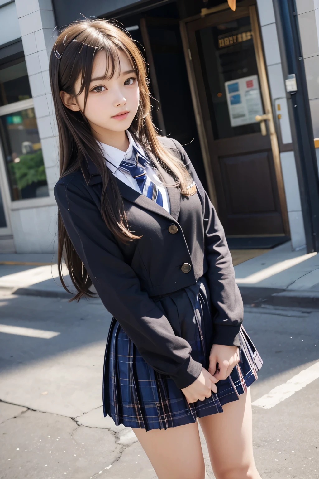 (masterpiece、8K、pieces fly、Raw photo:1.4)、High resolution、((located far away from people))、((Full body photo from face to toes))、big eyes and small face、height: 155cm、beautiful japanese girl、Smiling beautiful girl's smile、facing the front、stand with both feet together、because I'thin、stand up with good posture、Residential area in the morning、realistic、 high school girl、bus stop、I was waiting alone、hang your school bag on your shoulder、、slender and delicate body、small breasts、Blazer Uniform、Girls' school uniform with red lines、plaid skirt、healthy young teenage woman、black knee high socks、brown loafers leather shoes、wear loafers、please keep your feet on the ground、full body shot、full body shot、Low ponytail details、とてもthin脚のラインを強調します