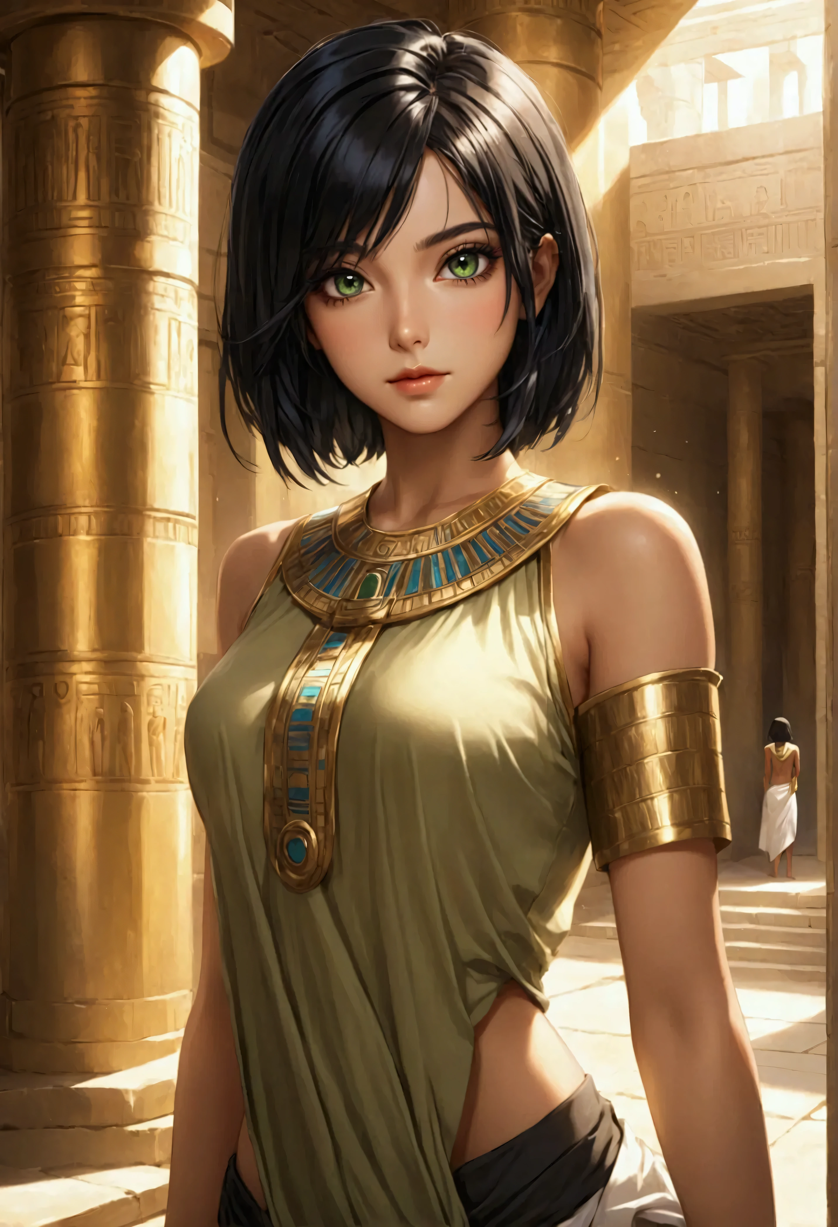 Create an anime-style character of an Egyptian and athletic woman standing confidently in a well-lit Egyptian temple. She has long, straight black hair in a bob cut and stunning, large green eyes with soft makeup that enhances her beauty. She is wearing a golden egyptian tunic with black and high cut golden black panties that highlight . Her skin is clear, with a soft glow of sunlight flowing through the temple window behind her. The temple has Egyptian elements and a calm atmosphere, with natural light illuminating the scene. The style should be semi-realistic, mixing anime features with detailed textures and realistic skin tones. The overall color scheme includes golden tunica with black, light skin and soft natural lighting on the background.