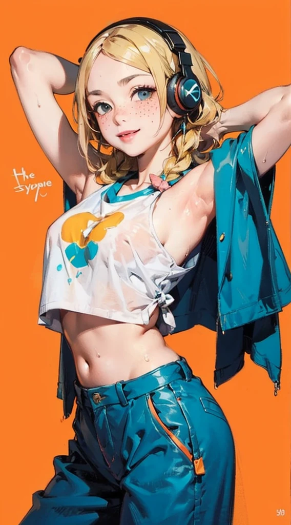 a cartoon with blonde hair and a basketball cap stands before a rainbow patterned background, 1girl, solo, breasts, navel, blonde hair, cleavage, long hair, denim, hat, looking at viewer, collarbone, baseball cap, bare shoulders, yellow eyes, midriff, pants, braid, crop top, jeans