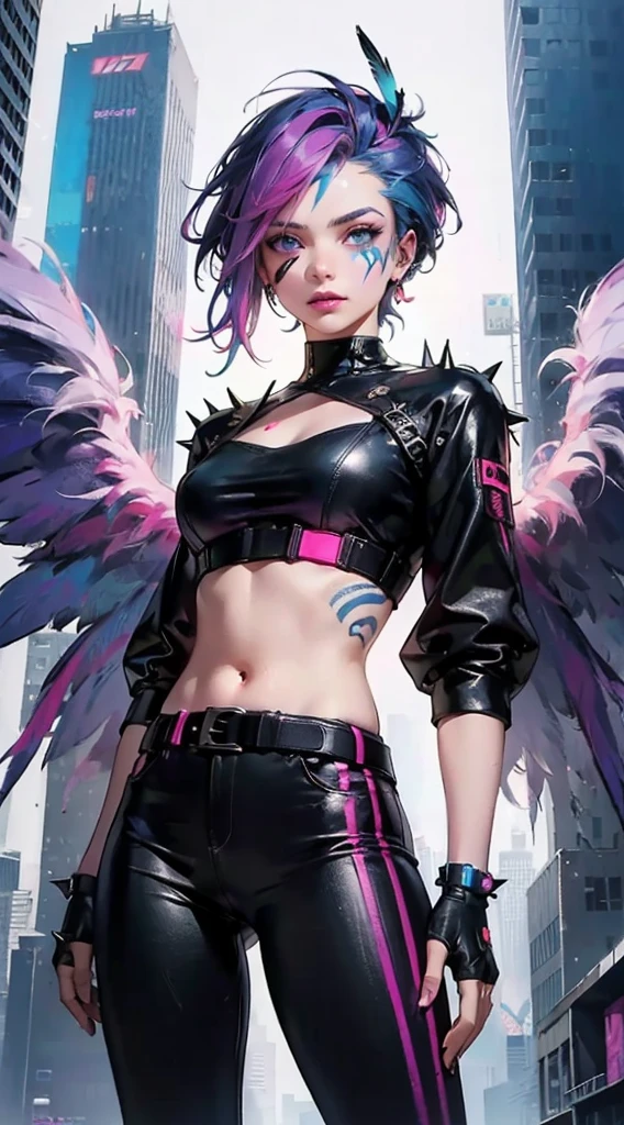 A girl with white hair, high ponytail hairstyle, ((((sports bra))), succubus tattoo on lower abdomen, tight low waist, shorts, pantyhose, full body photo, happy laughter, shyness, seductive expression, peach heart in the eyes, (eye details portrayal), sexy long legs, thin waist, sweat drops on the waist, revealing the lower abdomen, succubus tattoo extreme detail portrayal, ice and fire wings, dark lock method, 2D blush, crazy, fangs, drooling, pink hair, asymmetric bangs, see-through outfit, hands on thighs, look away, 8k resolution, Raised eyebrows, shiny hair, head flowers, wristbands, bandages