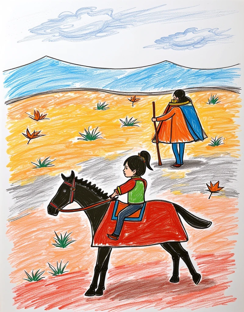 desert，Empty Gobi Desert，Sunset，West Wind，Skinny Horse，A knight is leading a horse forward，Silk Road，Big scene，People are small，Loneliness，Visual impact，Oriental Aesthetics，high quality，The artistic conception of ancient poetry，Romantic ancient style，Rock color board painting，Graininess