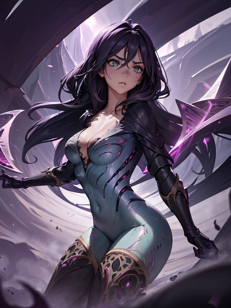 Kaisa, Kai'sa, Light green eyes, dark purple hair, purple robes with purple tones, cleavage, small round breasts, full body, big ass, thick thighs, Very purple and purplish, Empty, purple carp floating in the air, {paper extremely detailed 16k CG unit wall image}, expansive landscape photography, (a low view focusing on the character and setting), (wide open field view), (low angle shot), (high light: 1.2 ), (low light: 1.4), (warm light source: 1.2), complex details, (iridescent colors: 1.0), (bright lighting), (atmospheric lighting), Dreamy, aesthetic