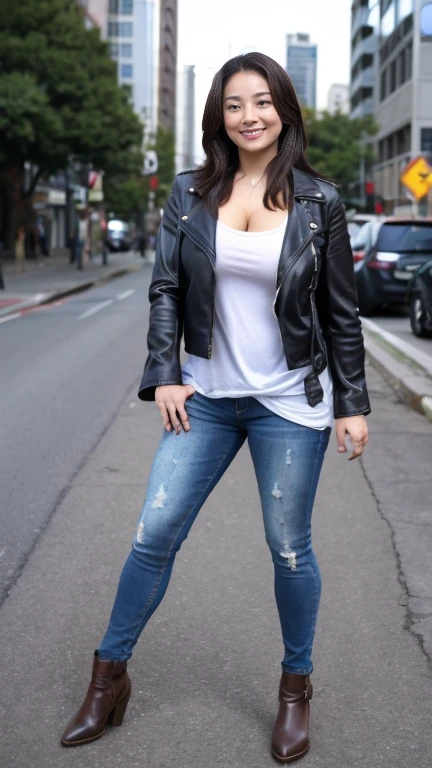 40-year-old woman, gordita, grandes pechos, pelo rubio largo rizado, gafas, mini pantalones cortos vaqueros deshilachados, top muy corto y escotado, high thick heel shoes, colgante de amor libre, pendientes de aro grandes, pulseras de muchos colores, driving a motorcycle on a seafront, 8k, alta calidad, obra maestra, cuerpo completo, lente gran angular