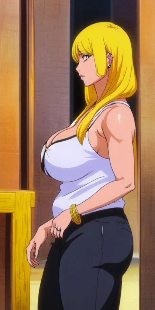 Orihime Inoue,Bleach artstyle,Big breast,Enchanted big breast,Tanned skin,Thick lips,Eyelash,Big Hoopa earring,Gold chain necklace,Circle piercing in lips,Leopard colored  tight Tank top,Cleavage,thin black colored pants,Curvy figure,Plump,Hoopa bracelet,Mature,Milf,yanmama,Long nail,Wedding ring,Side burn visible,look at viewer,((yellow blond color hair)),head facing front,High quality,Highres,Side locks slicked behind ear,Humongous big breast,Ear visible,Hime cut bang hairstyle,Blunt bang hairstyle,Big cleavage,Yakuza tatoo