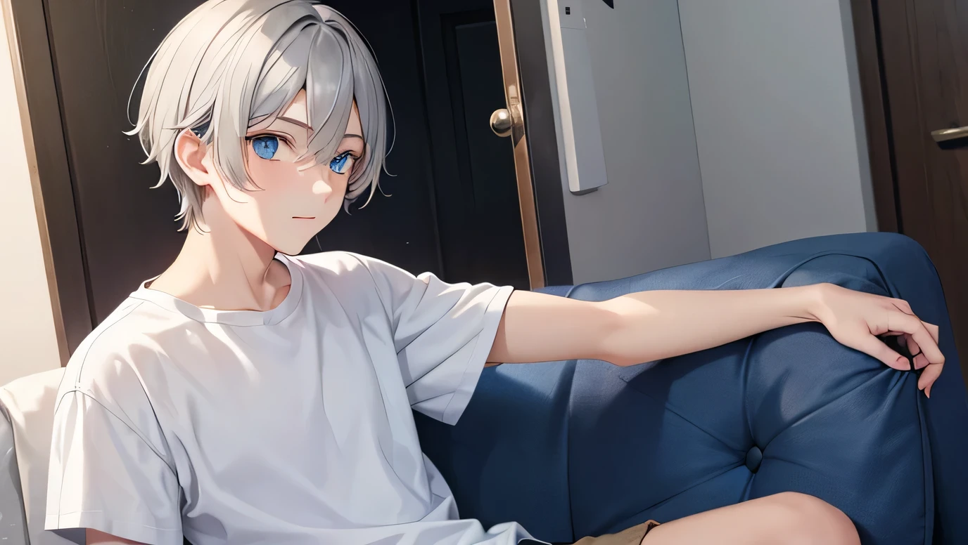 1boy, 18 years old, slim, plain white short sleeves, white tight underwear, image looking at viewer, bulging, holding game controller, sitting on the edge of a bed, white hair, grey eyes.
