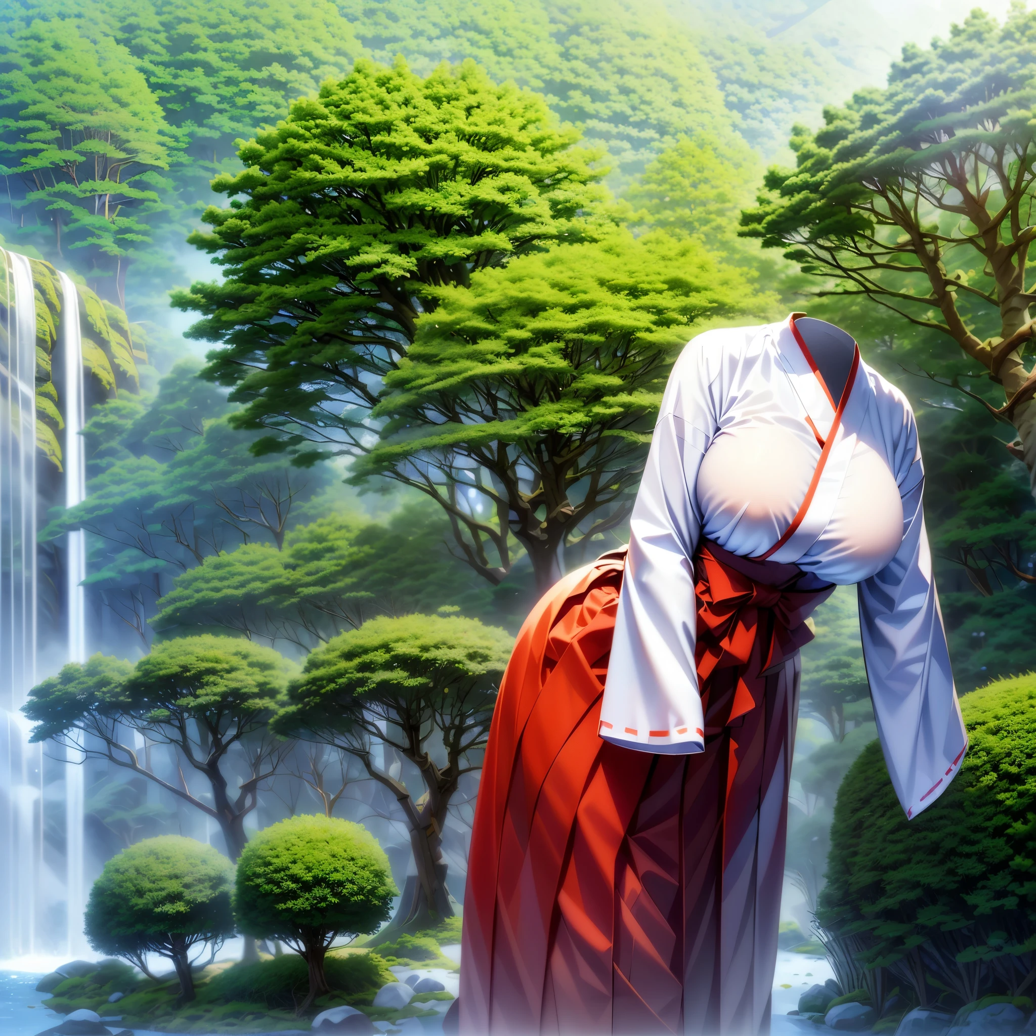 1girl, (invisible:1.5, no humans:1.5, headless:1.5, faceless:1.5), chubby, fat, miko clothes, long hakama, long sleeves, outdoors, walking in forest, sunlight filtering through trees, (close-up shot of breasts), (8k, RAW photo, best quality, masterpiece:1.2), (realistic, photo-realistic:1.37), photon mapping, radiosity, ((Hasselblad photography)), physically-based rendering, leaning forward, waterfall