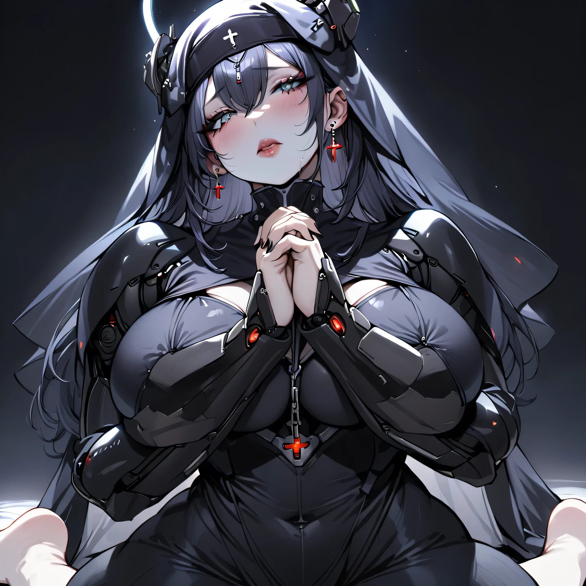 A Cyborg Woman, thick body, Thick lips, long eyelashes, beautiful eyes, detailed eyes, masterpiece, She is praying, ((She wears a black exosuit under a black nun costume with a veil.)), She is wearing earrings and is barefoot