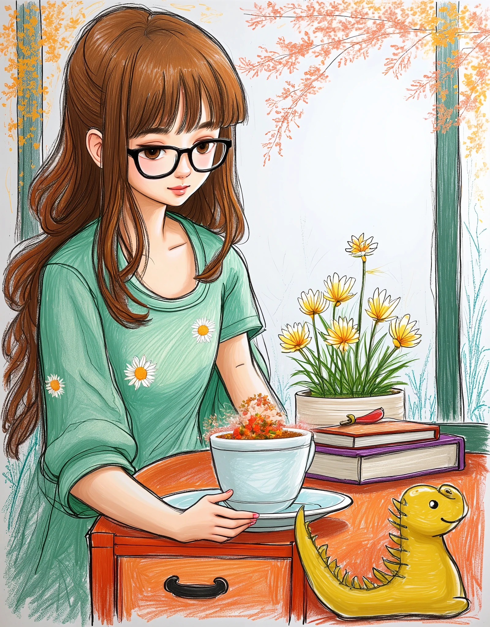 1 Girl,Wearing light green shirt with white flowers,Wearing glasses and looking at the screen,There are books and stationery on the desk,A cup of tea,There are flowers on the windowsill,Hollow tulle curtains,There is a bookcase next to it.,The sunlight shines in through the window screen,Tyndall light effect,
Highlight the picture, Cold temperament, Long shot, gorgeous, Master Composition, Unlimited details, High Detail, high quality, high resolution, masterpiece